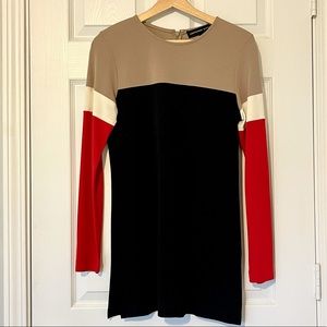 Adrienne Vittadini Long Sleeves Shirt/Mini Dress Size Medium Black, Red & Tan